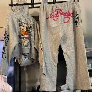 Ed Hardy Gray Set with Pink and Black Graphics